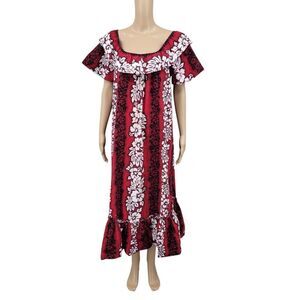 Aloha Mo'i Vintage Hawaiian Hibiscus Floral Red and White Maxi Dress Mumu
